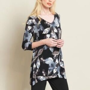 Clara Sun Woo Top Tunic 3/4 Sleeve Scoop Neck Slit Side Leaves Size Large